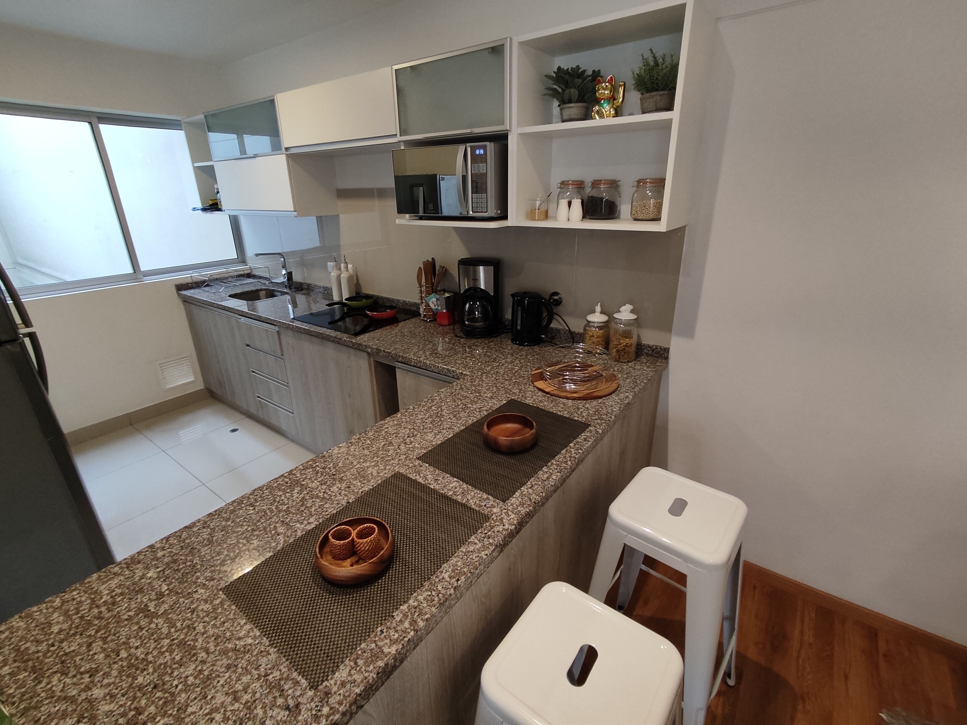 Fridge, microwave, stovetop, electric kettle