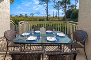 Outdoor dining - Welcome to oceanfront paradise-unit 108, just steps away to the beach and pool.. (Hilton Head Island)