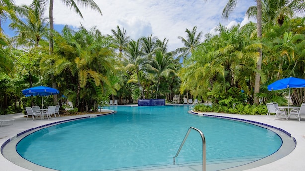 Una piscina rodeada de palmeras y sombrillas azules.