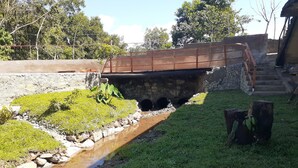 Un puente de piedra sobre un pequeño arroyo, con un área verde y árboles al fondo.