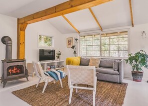 Smart TV, chimenea, oficina y impresora
