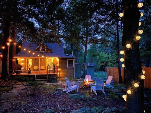 Boutique Cabin w/ Lake Access, Canoe, SUPs, Inner Tubes, BBQ, Fire Pit, Fireplace—Renovated & Chic