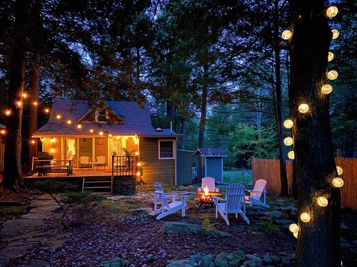 Boutique Cabin w/ Lake Access, Canoe, SUPs, Inner Tubes, BBQ, Fire Pit, Fireplace—Renovated & Chic