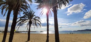 A beach with palm trees, a clear sky, and boats in the water. - Air-conditioned apartment 500m from the beach and shops (Le Lavandou)