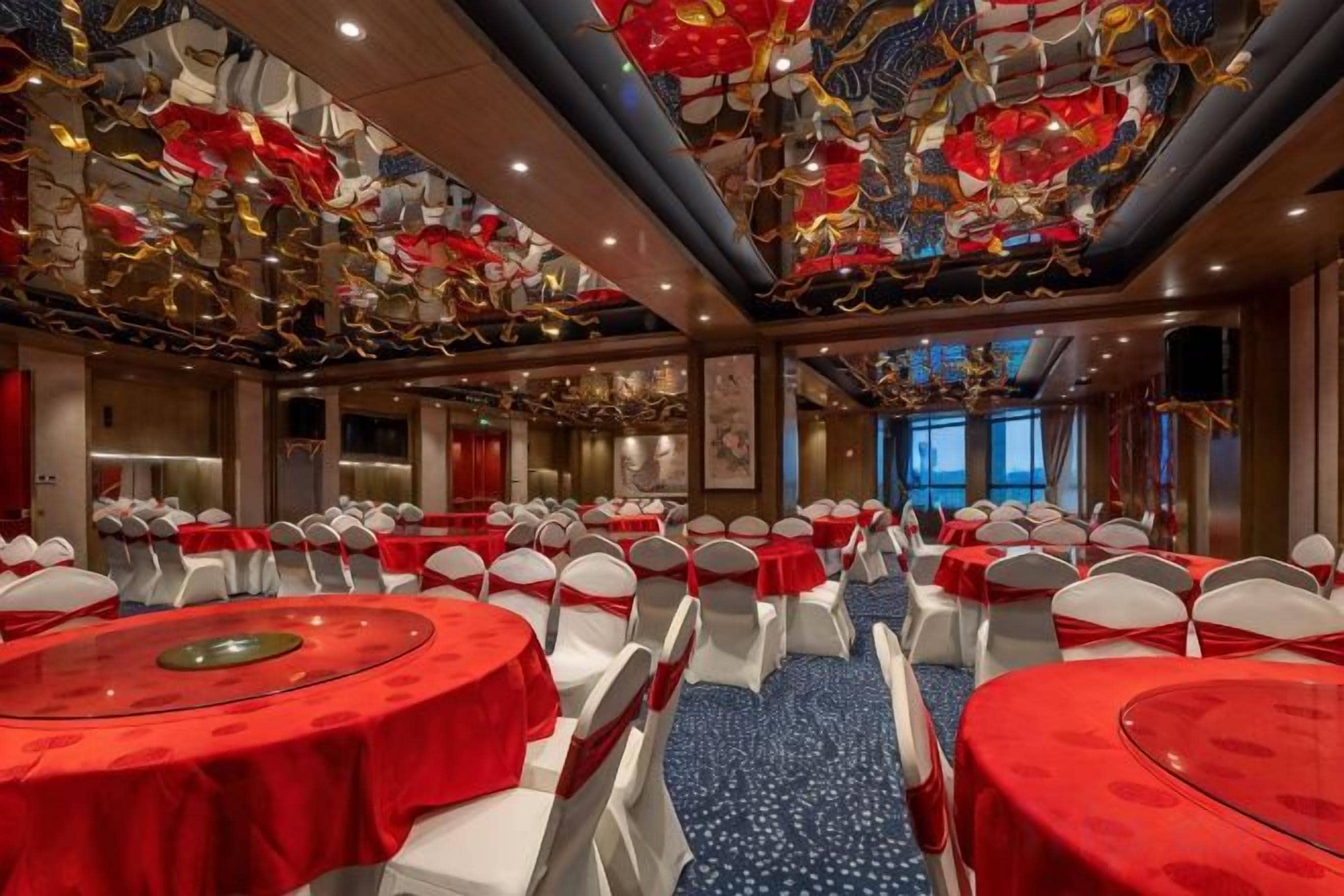 Uma sala de banquetes com mesas redondas cobertas por toalhas vermelhas, cadeiras brancas e teto com detalhes decorativos.