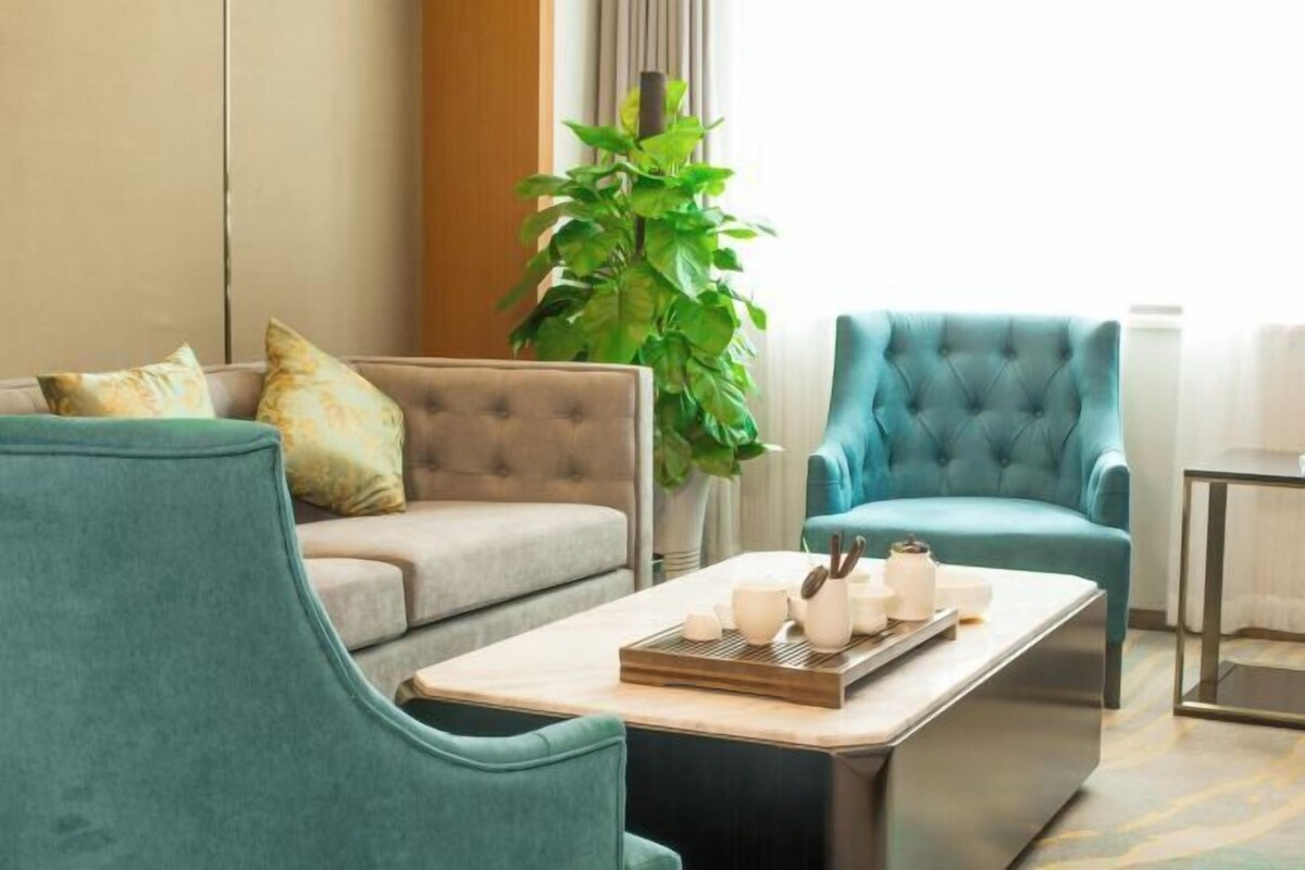 Un salon moderne comprenant un canapé, deux fauteuils, une table basse avec un plateau sur lequel sont disposés divers objets, et une grande plante verte.