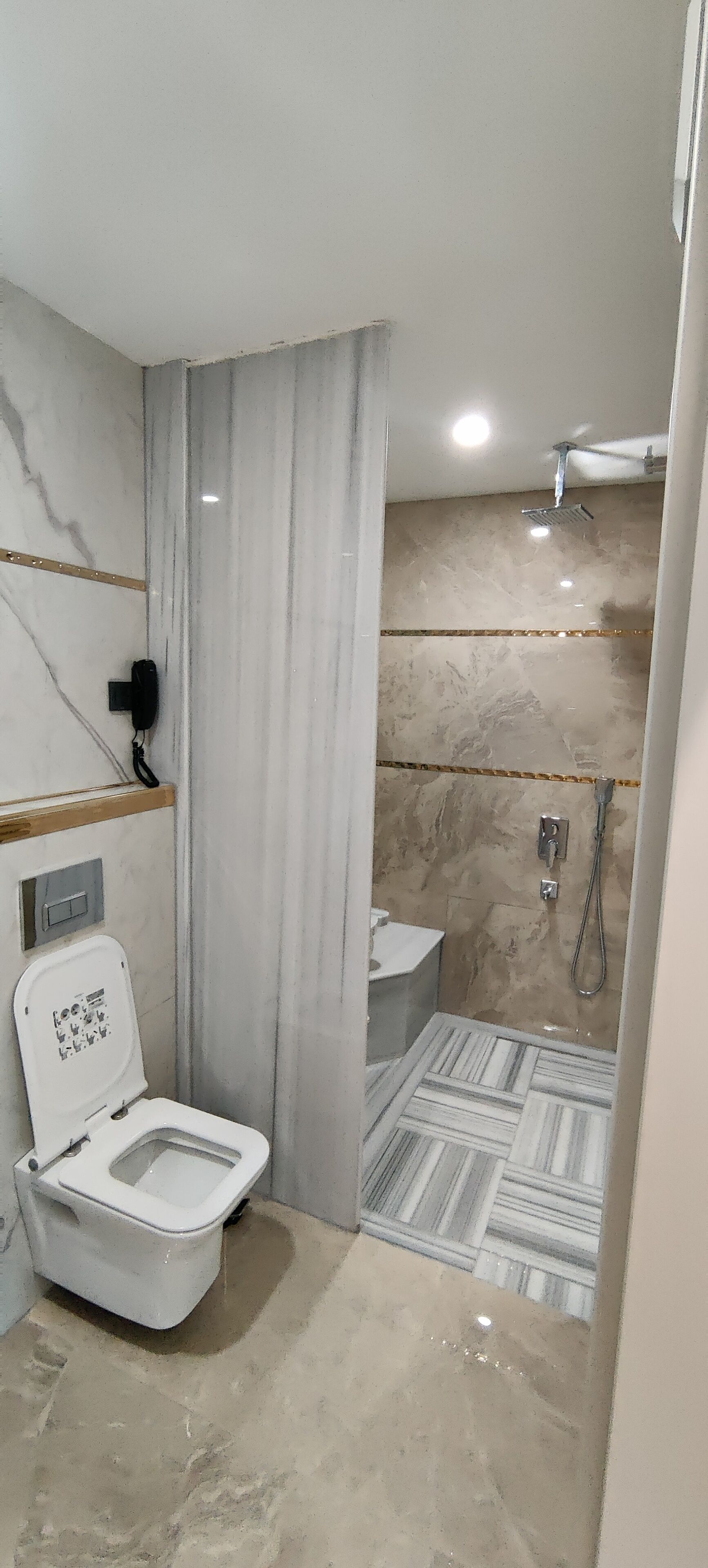 A bathroom with a toilet, a shower, and a marble wall.