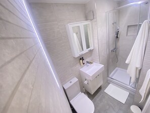 Hair dryer, towels, soap, shampoo