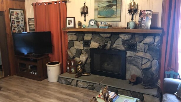 A cozy living room with a stone fireplace, wooden walls, a television, and a coffee table with decorative items.