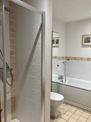 Bathtub, towels, soap, toilet paper