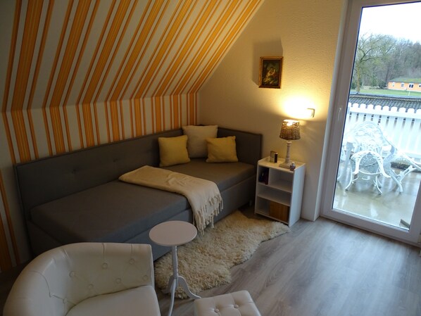 Smart-TV, Kamin, Bücher, Videothek