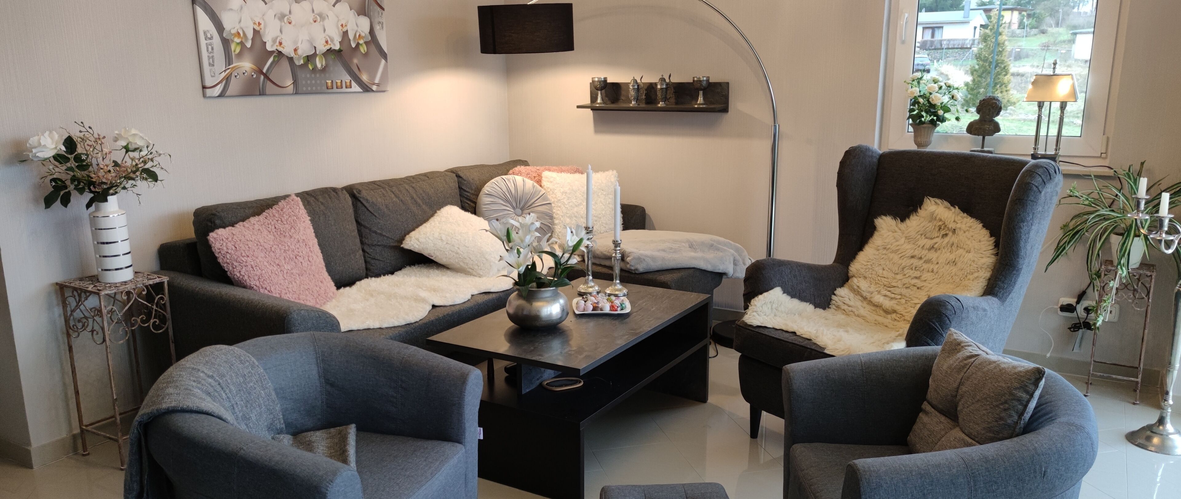TV connectée, cheminée, livres, vidéothèque