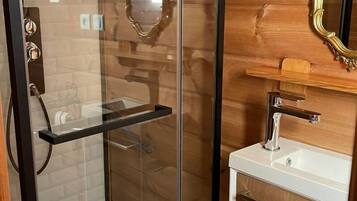 Une douche fermée par des parois de verre, avec un meuble-lavabo en bois et un miroir.