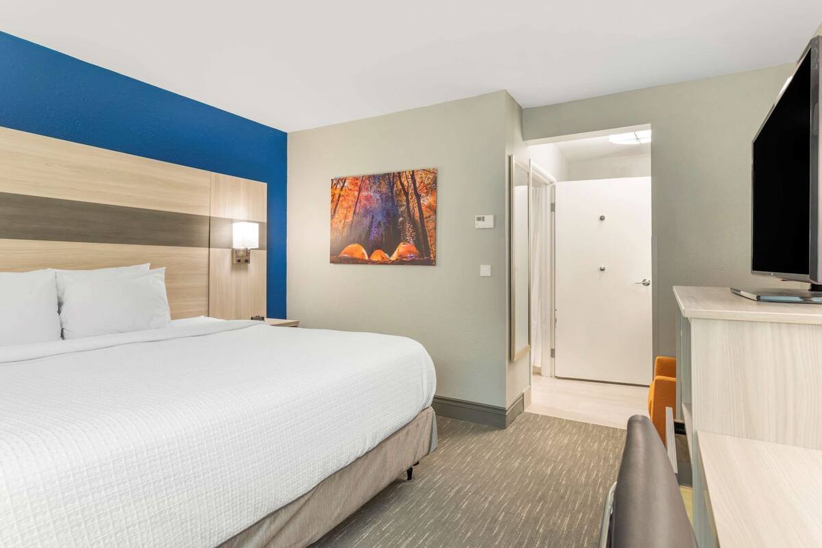 A hotel room with a bed, a desk, a TV, a painting, and a door leading to another room.