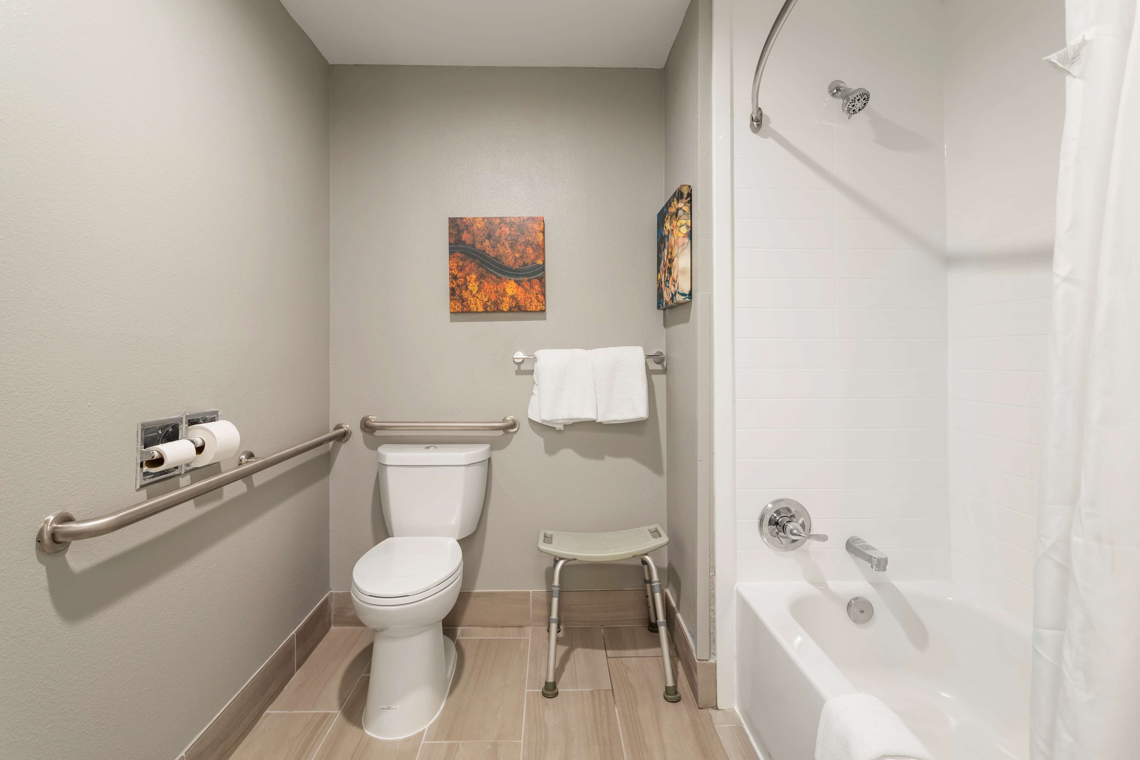 combined shower/bathtub, hair dryer, towels