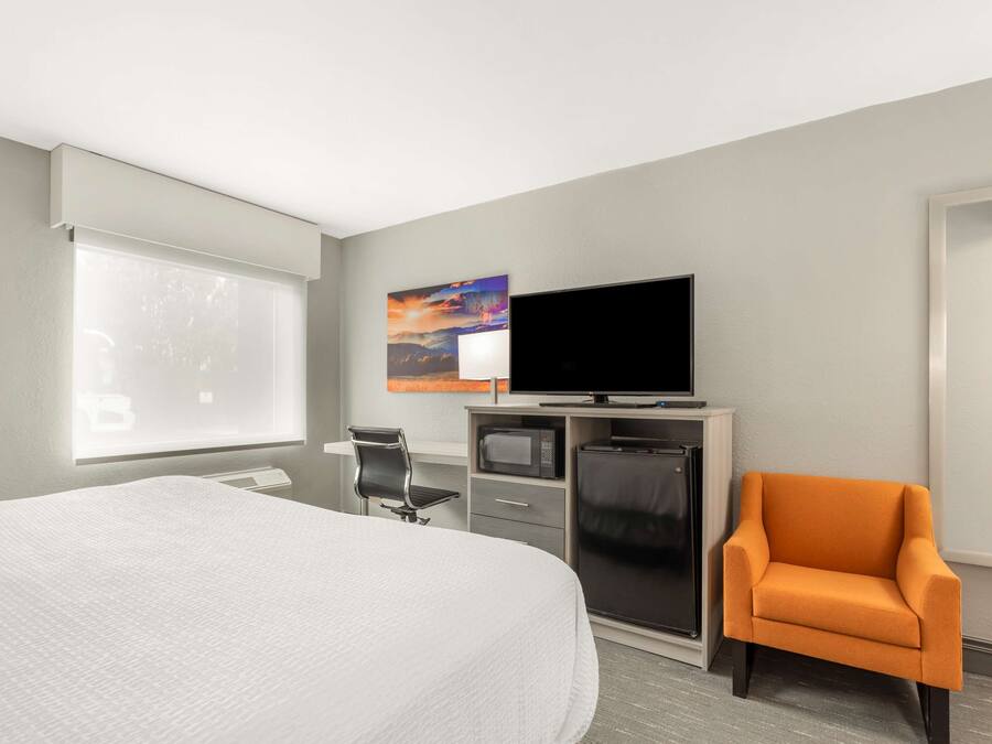 A hotel room with a bed, a desk with a chair, a television, a refrigerator, and a window with blinds.