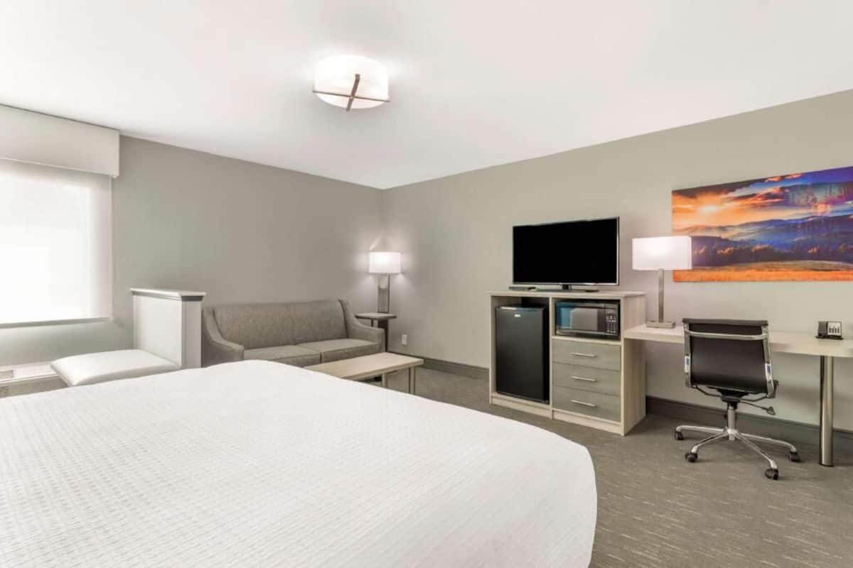 A hotel room with a large bed, a desk with a computer, a TV, a sofa, and a painting on the wall.