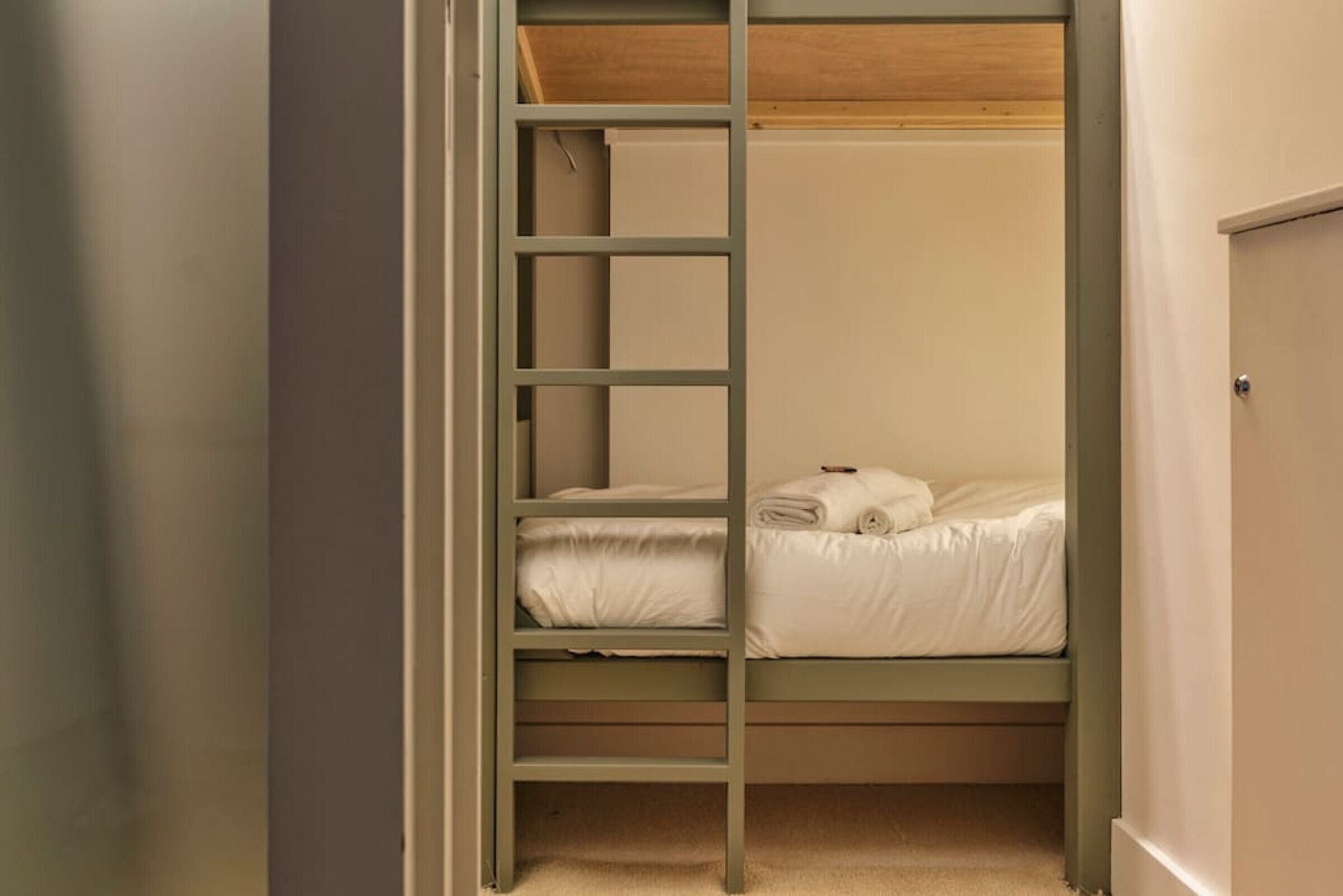 Un lit superposé avec une échelle, une porte et un sol recouvert de moquette.