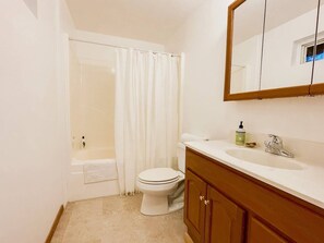 Bañera con ducha, secador de pelo, toallas, jabón