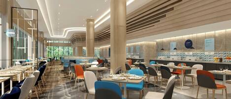 A modern dining area with high ceilings, vertical light fixtures, and a variety of seating arrangements.