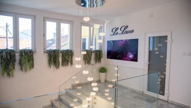 Ein modernes Interieur mit einer Glaswendeltreppe, hängenden Pflanzen und einem an der Wand befestigten Schild mit der Aufschrift "La Luna".