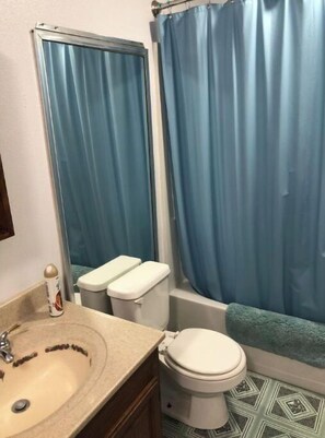 Combined shower/bathtub, towels, soap, shampoo