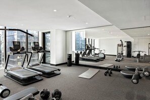 Work out with a city view at this fully equipped gym featuring treadmills, stationary bikes, and free weights.
