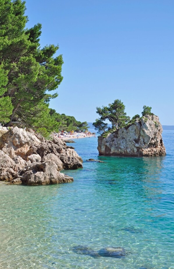 Escape to a serene coastal haven with a secluded rocky shoreline, sandy beach, and crystal-clear waters.