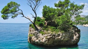 A rocky island with trees surrounded by clear blue water. - Room in Brela with Seaview, Terrace, Air condition, WIFI (4947-2) (Brela)