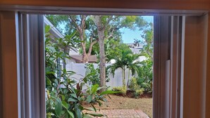 A window view of a backyard with a lawn, trees, and a white fence.