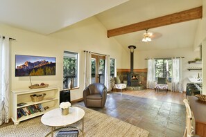 Smart TV, fireplace, books