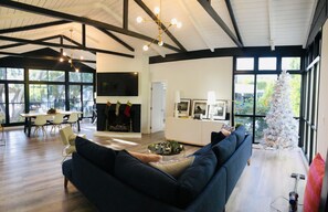 Smart TV, fireplace, books, stereo