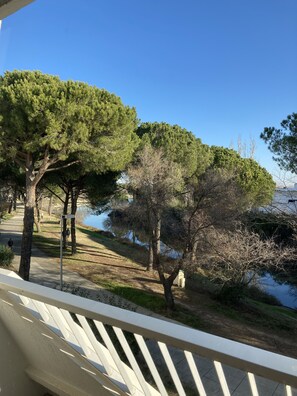 Un balcon doté d’une balustrade, donnant sur un parc avec des arbres et une étendue d’eau.