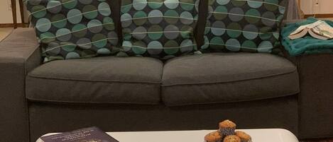 Ein gemütliches Wohnzimmer mit grauem Sofa, gemusterten Kissen, einem Couchtisch mit Buch und Kerze sowie einem Teppich mit Muster.