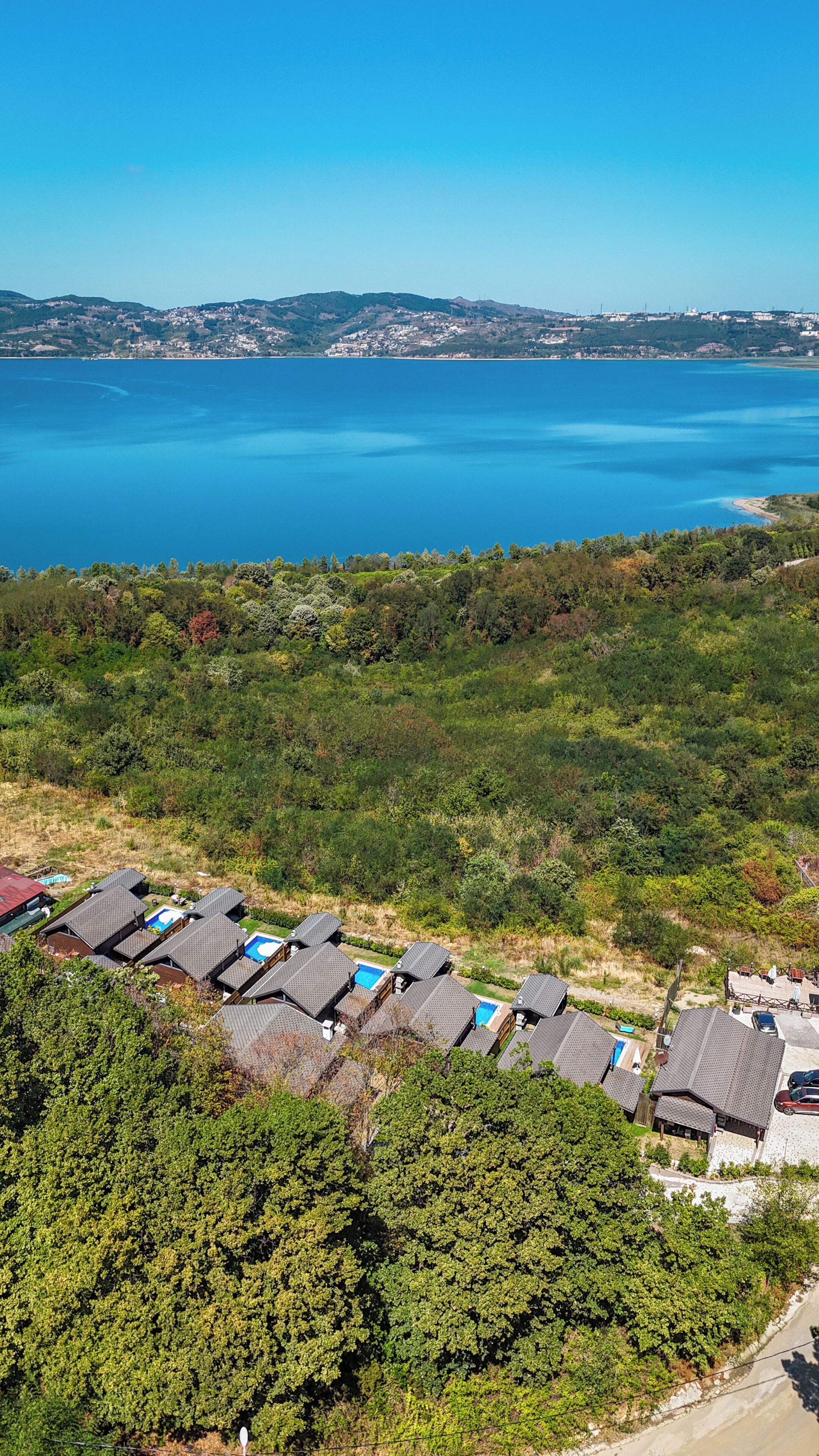 An aerial view of a residential area with houses, a swimming pool, and a large body of water in the background.