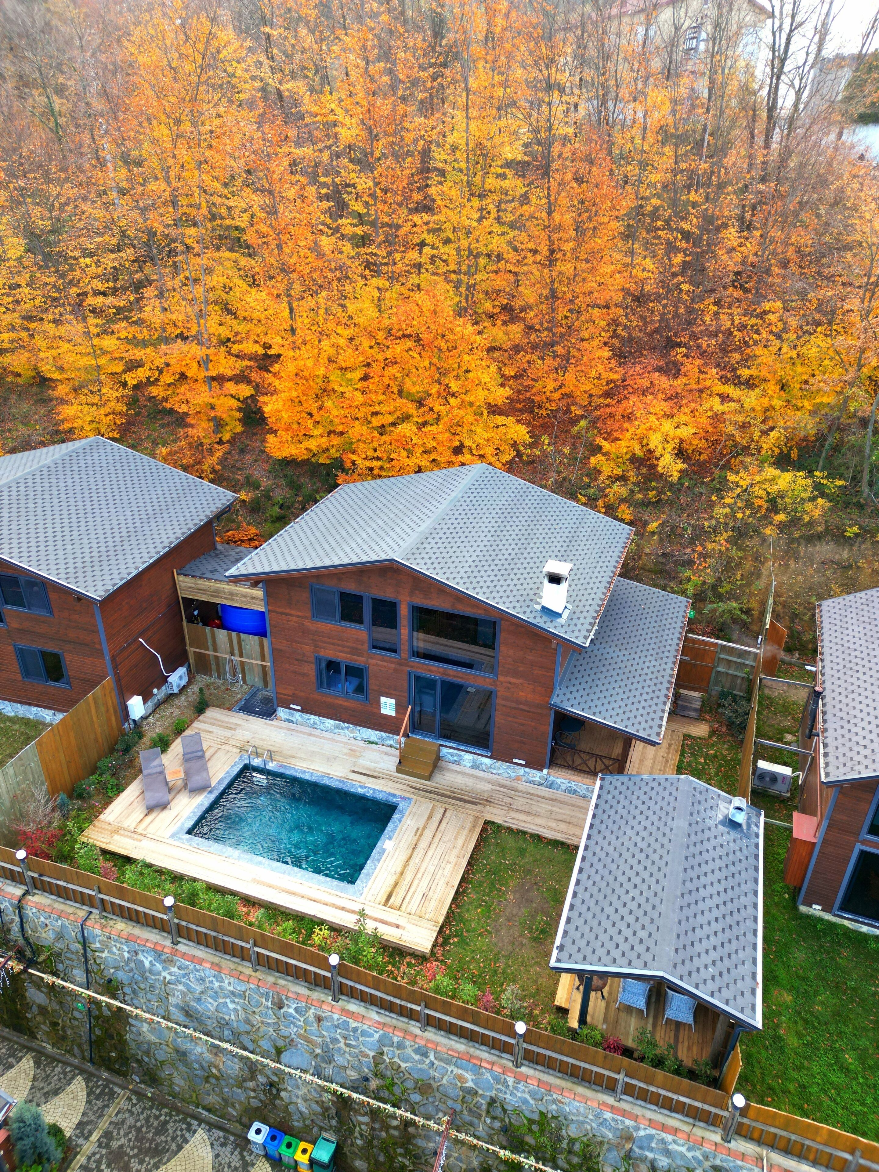 A modern house with a swimming pool, surrounded by autumn foliage.