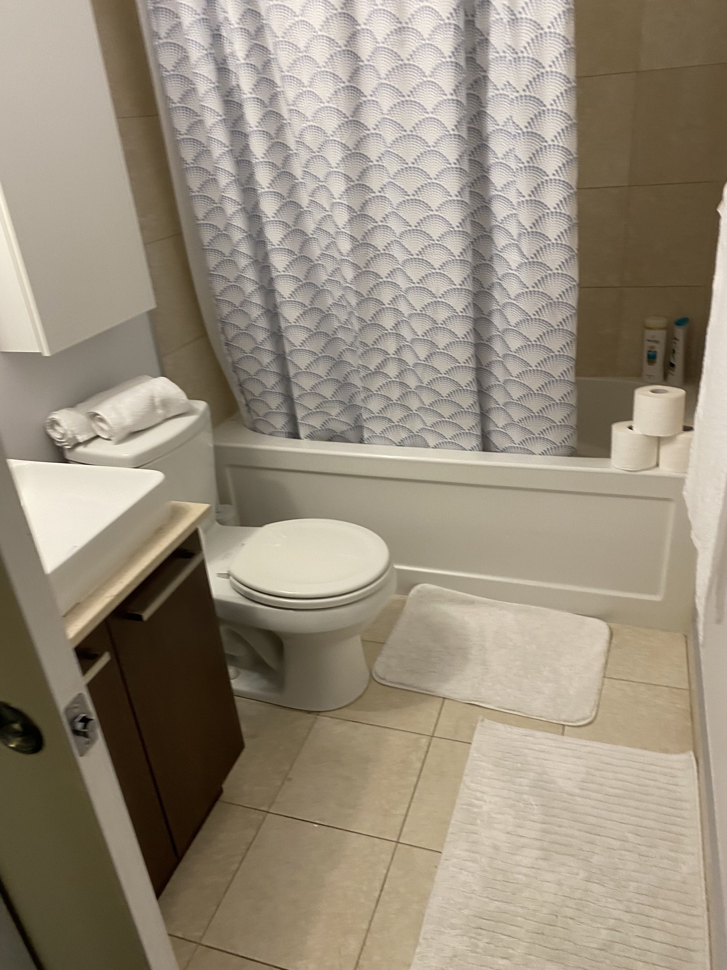 Combined shower/tub, hair dryer, towels, soap