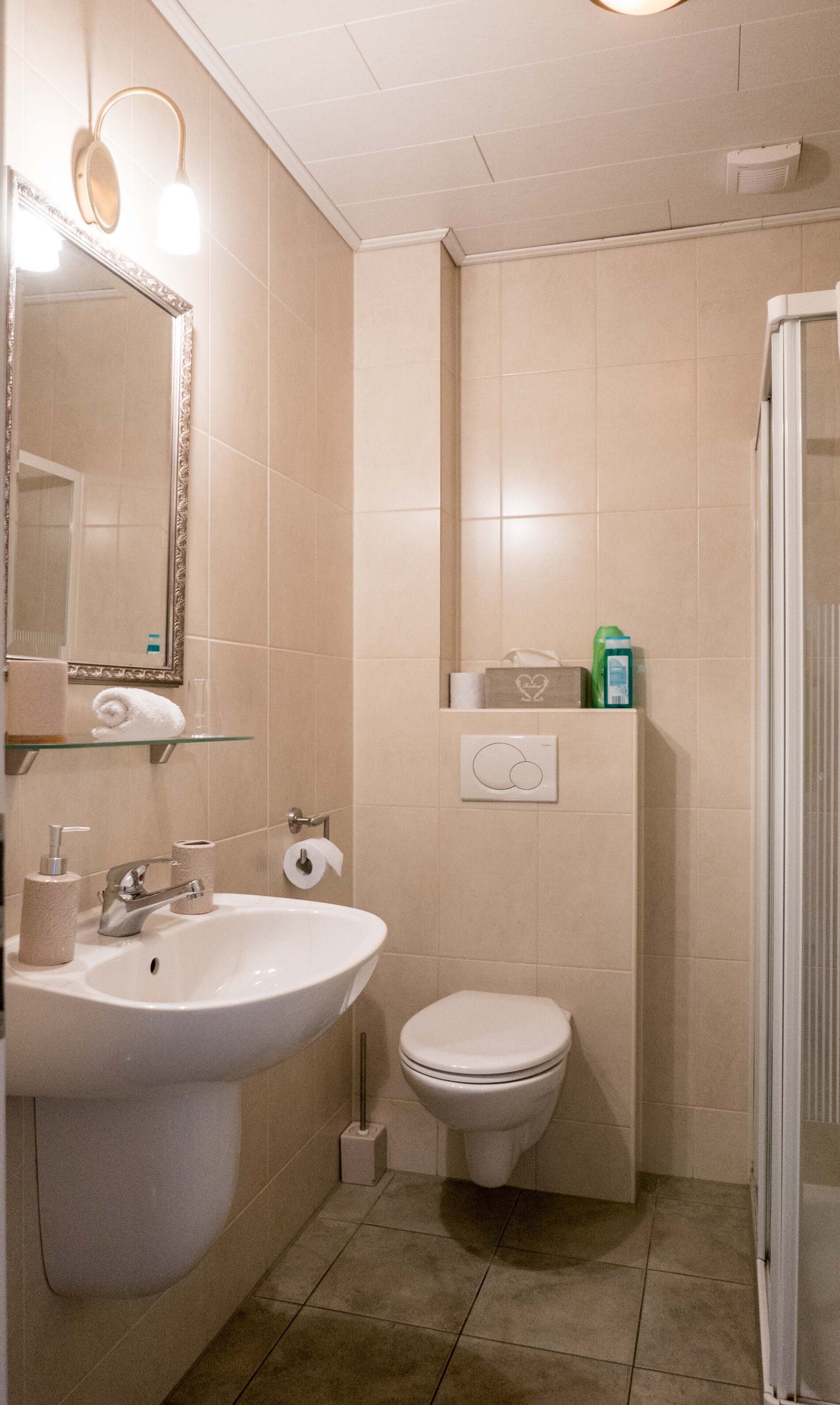 Une salle de bain avec un lavabo, des toilettes et un miroir. Il y a une serviette sur le lavabo et une boîte de mouchoirs accrochée au mur.