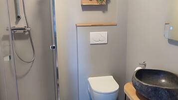 Een moderne badkamer met een glazen douchecabine, een wit toilet, een houten plankje met een plant en een grote wastafel.