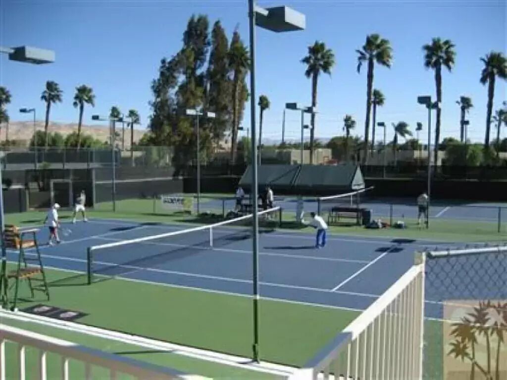 Una pista de tennis amb xarxa, envoltada per una tanca i palmeres.