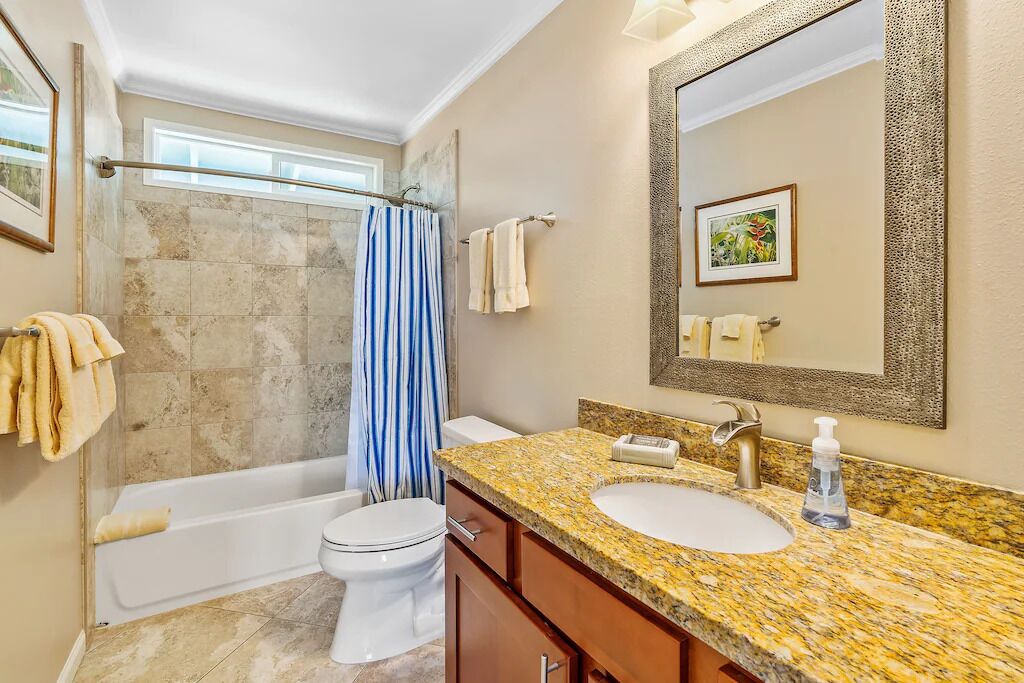 Combined shower/tub, hair dryer, towels, soap