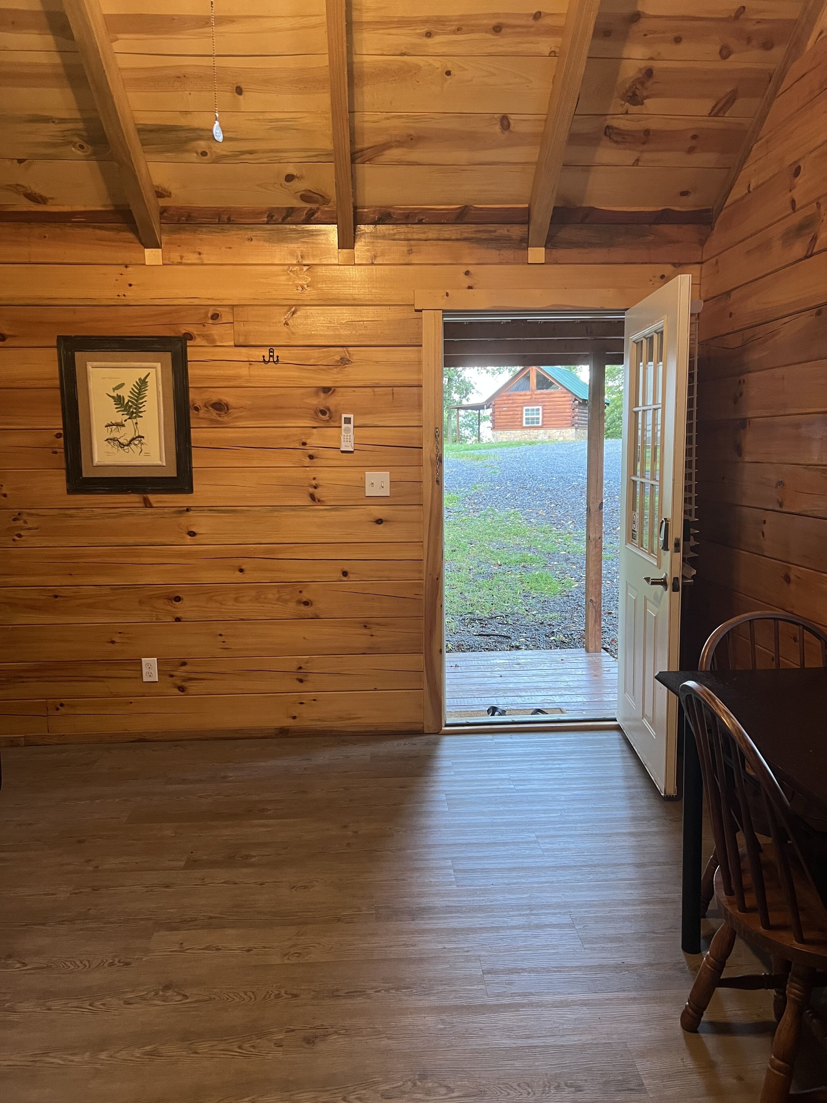 A wooden interior with a door leading outside, a framed plant, and a table with chairs.
