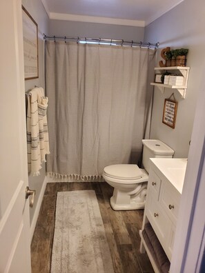 Bathroom features a toilet, sink, and shower area with a vanity and storage.