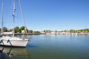 A marina with multiple sailboats docked, calm water, and buildings in the background. - Haus Sonnenblume - idyllic location, vacation apartment with terrace, sea view - House (Putbus)
