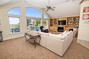 TV, fireplace, books