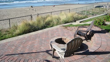On the beach, sun loungers, beach towels