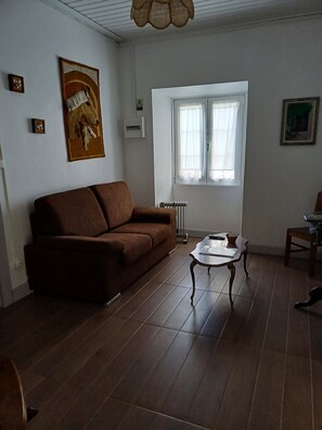 Un salon avec un canapé marron, une table basse, un radiateur et une fenêtre avec des rideaux.