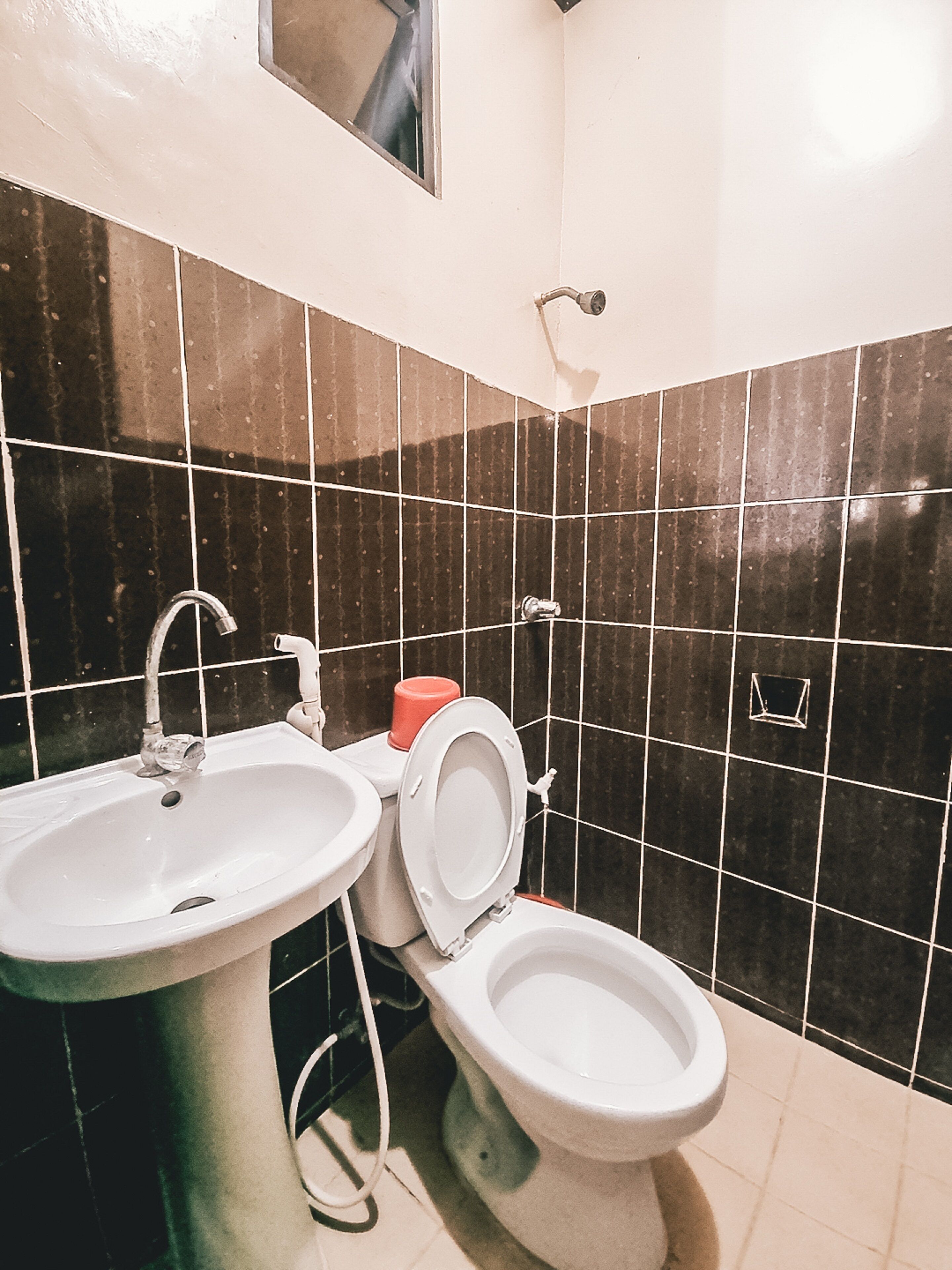 A bathroom with two sinks, a toilet, and a mirror.