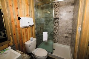 A bathroom with a glass-enclosed shower, a toilet, and a bathtub.