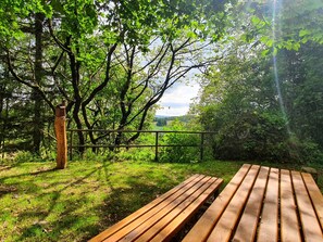 A wooden bench in a grassy area with trees and a fence in the background.